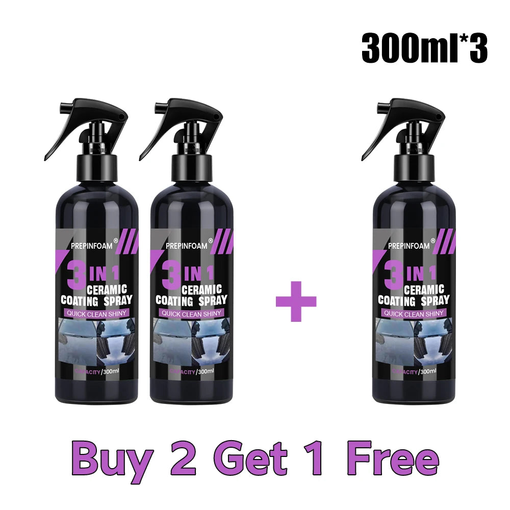 Three bottles of Prepinfoam ceramic coating spray for vehicle protection with a buy two get one free offer.