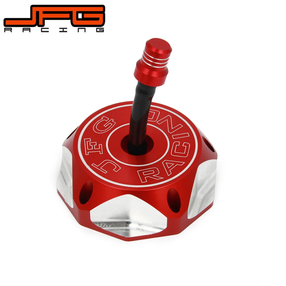CNC aluminum fuel tank cap for a Honda motorcycle with a red threaded top and silver body.