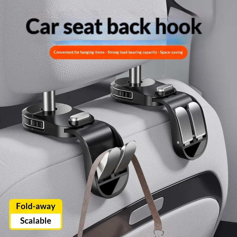 A close-up of a black car seat back hook organizer attached to a white car seat, highlighting its fold-away and scalable desi