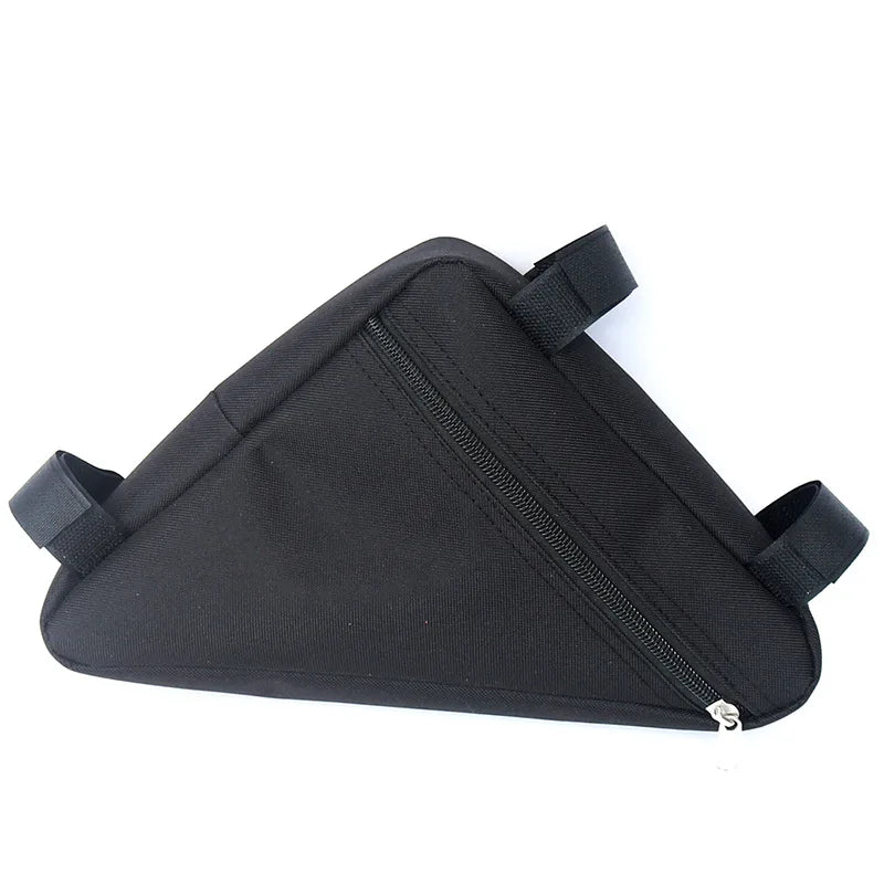 Black convertible waterproof bike frame bag with a zipper and straps