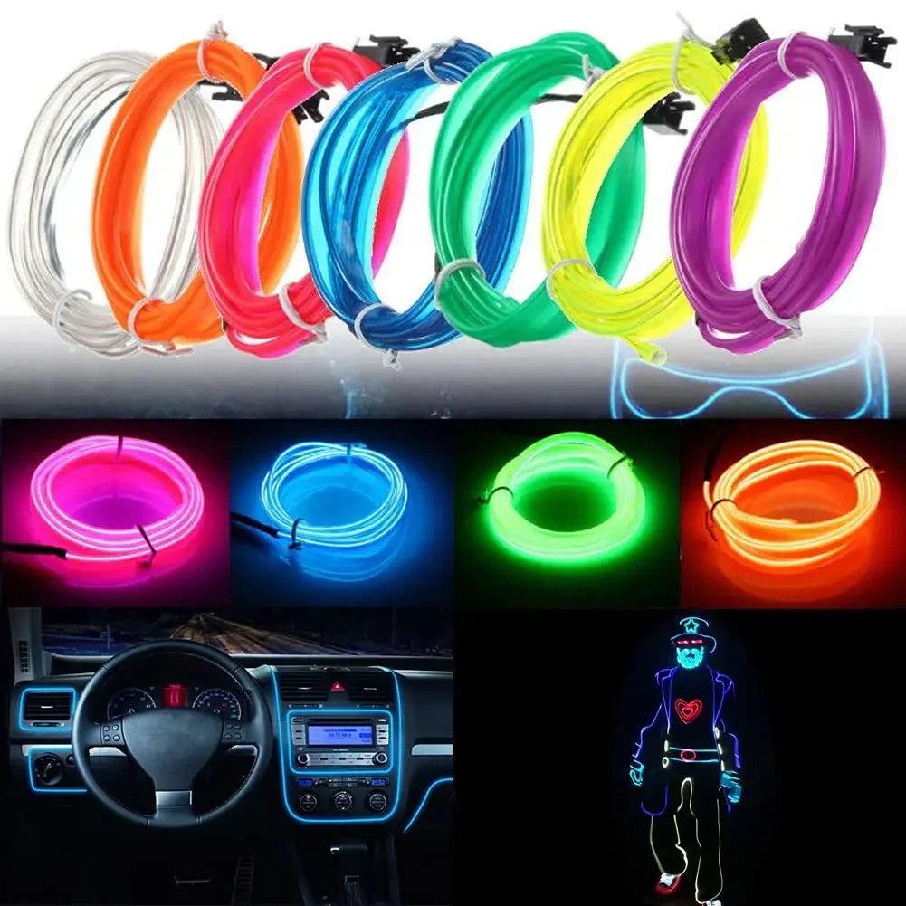 Diverses bandes LED néon flexibles de différentes couleurs, avec un contexte d'installation dans une voiture.