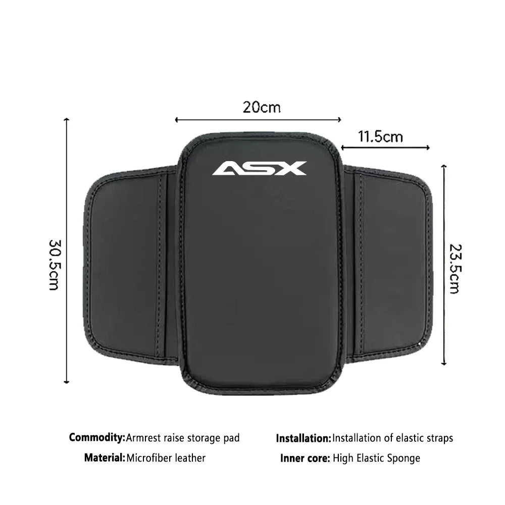 Black leather armrest storage pad with elastic straps for car use