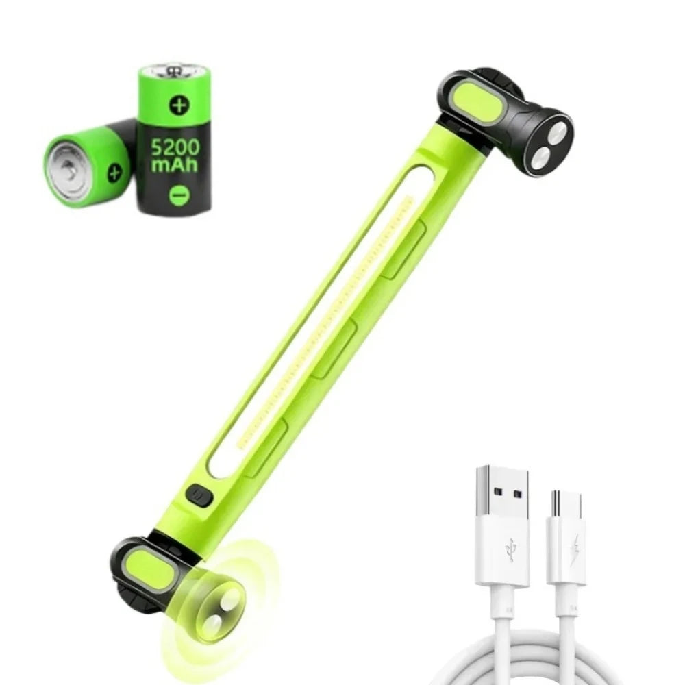 A lime green magnetic rechargeable work light with a long, slender body and a USB connector.