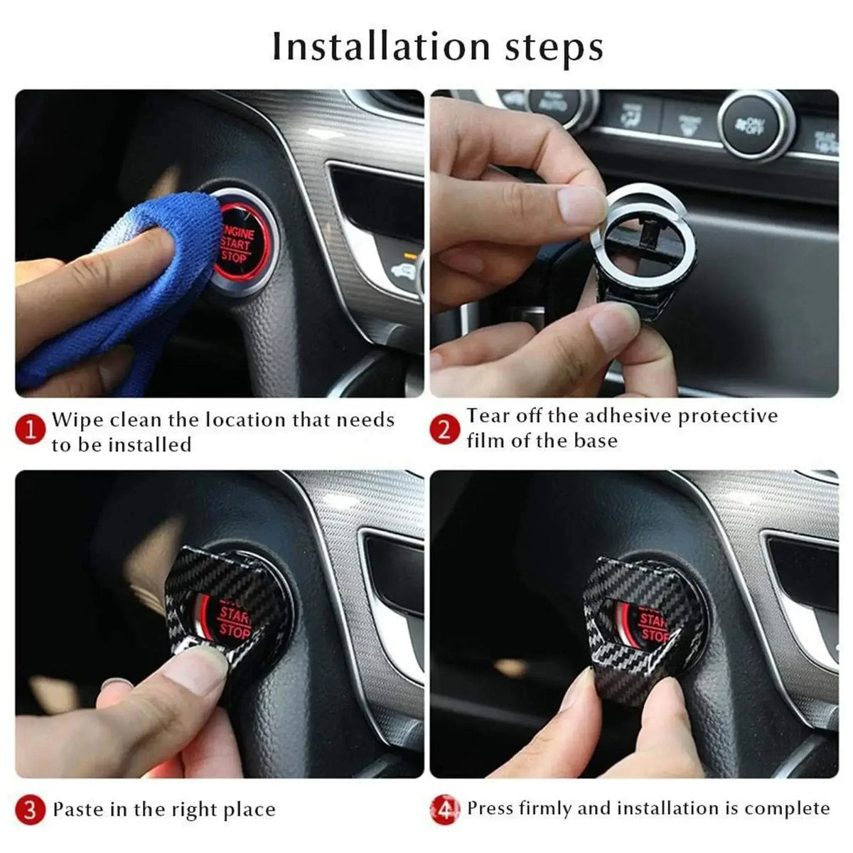 Installationsschritte, wie man eine sportliche Start-Stopp-Taste auf dem Armaturenbrett montiert.