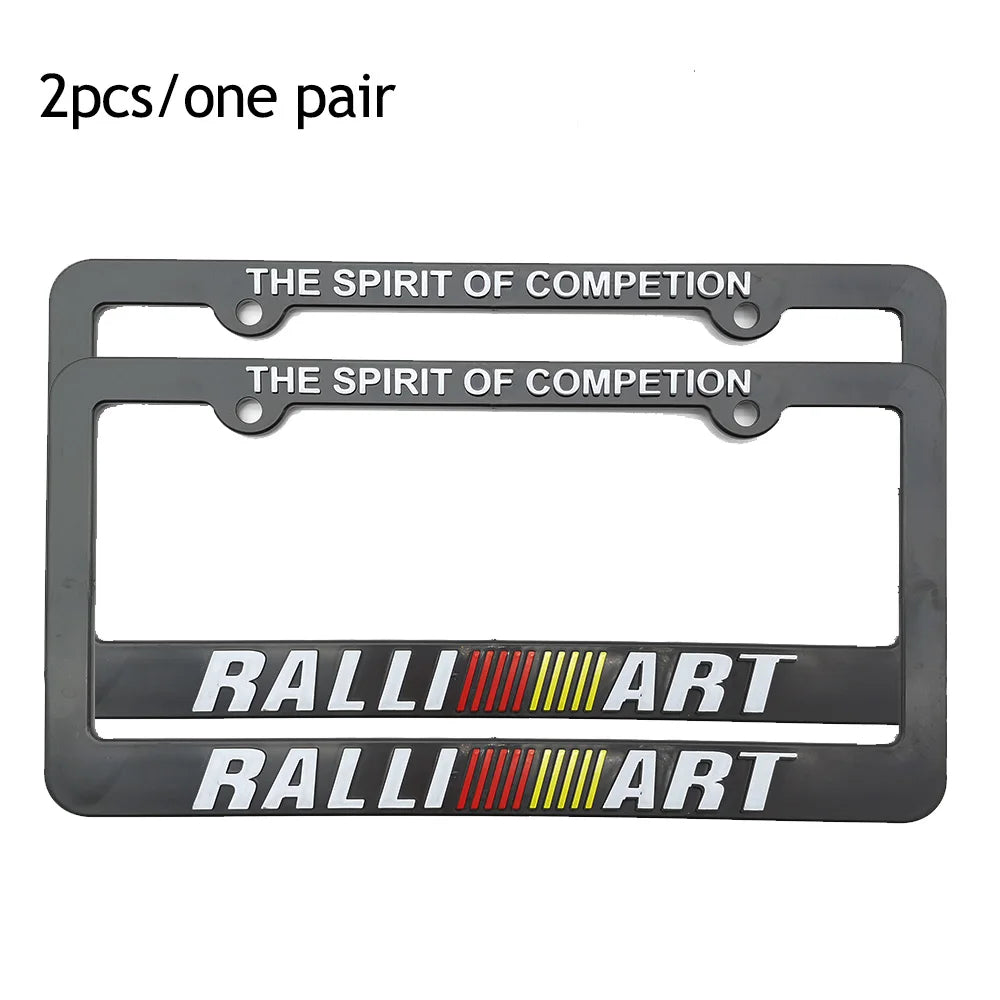 Black license plate frame decoration with text and racing stripes for JDM style vehicles