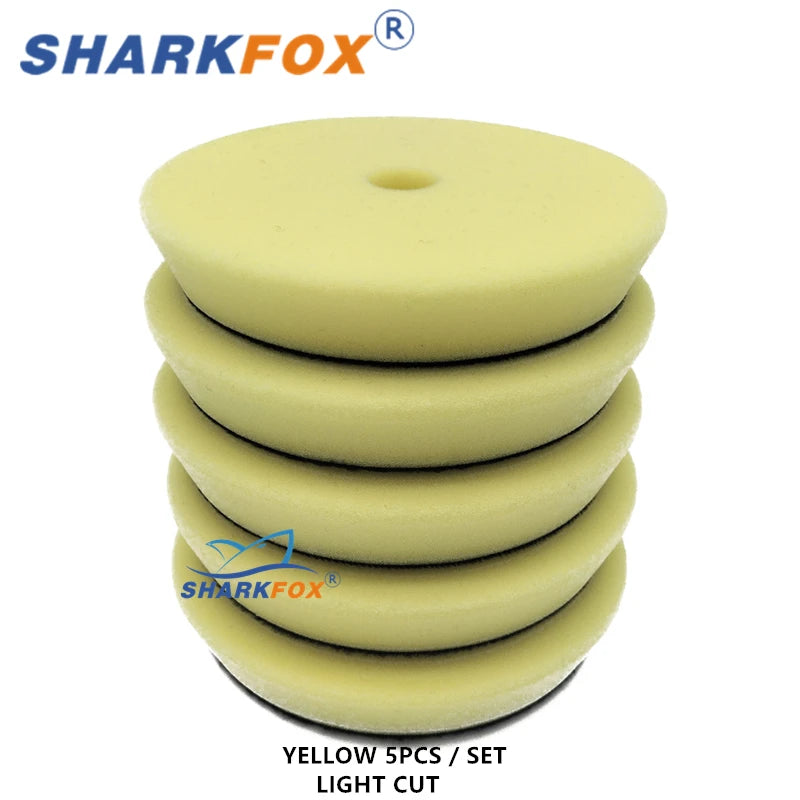 Five yellow light cut polishing sponge pads in a set for car buffing