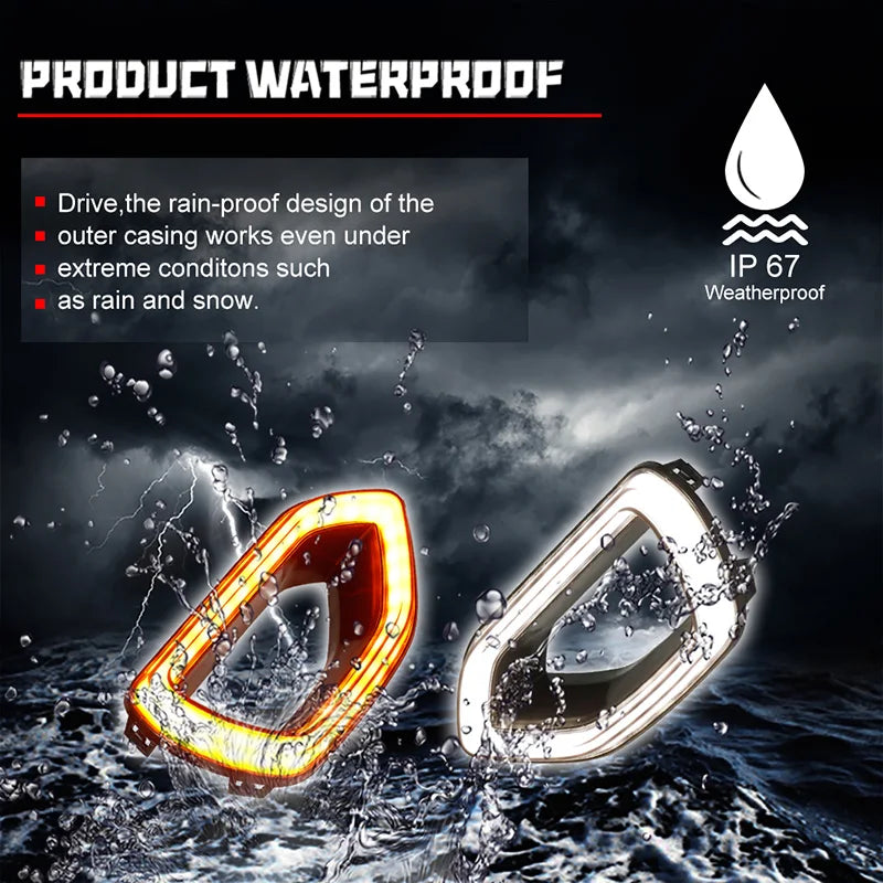 Gros plan d'un feu clignotant LED et DRL éclaboussés par l'eau, montrant sa durabilité étanche