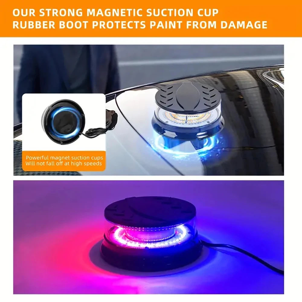 A close-up of a magnetic suction cup protecting paint on a car surface, illuminated by blue light.