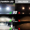 Comparación de faros LED y halógenos mostrando las diferencias de rendimiento de luces bajas y altas.