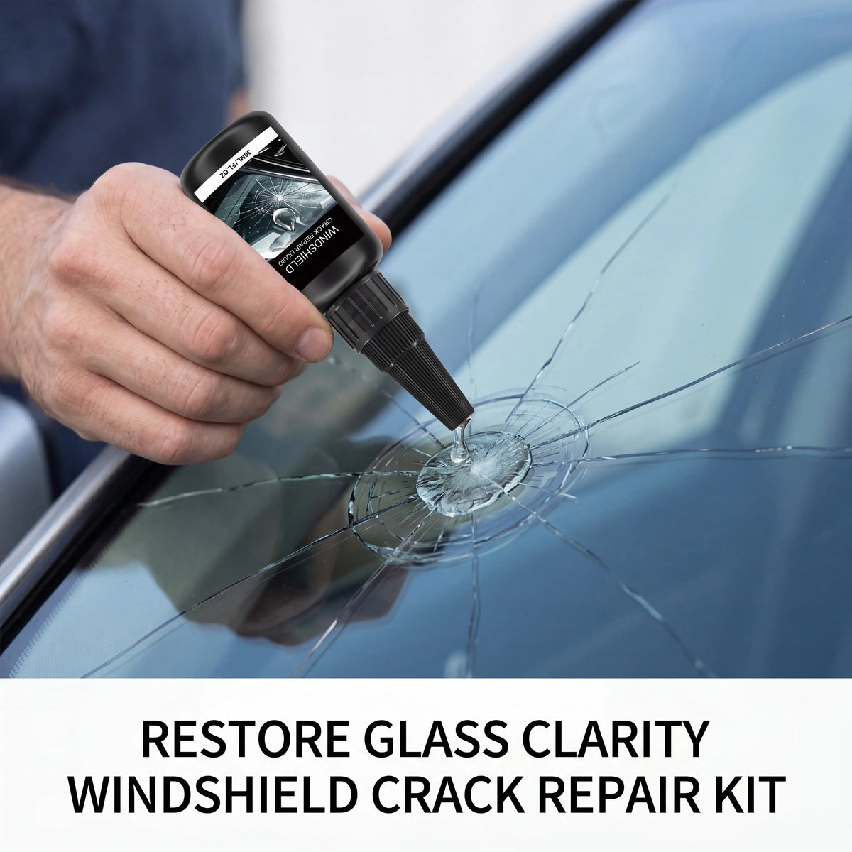 A hand is applying a windshield crack repair kit to a car window, showing the product packaging and the resulting glass damag