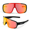 A pair of orange-tinted sports goggles shown in two views, one resting flat and one worn on a person's face.
