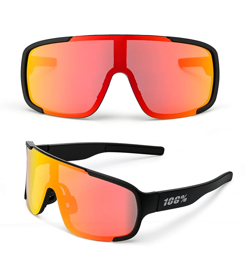 A pair of orange-tinted sports goggles shown in two views, one resting flat and one worn on a person's face.