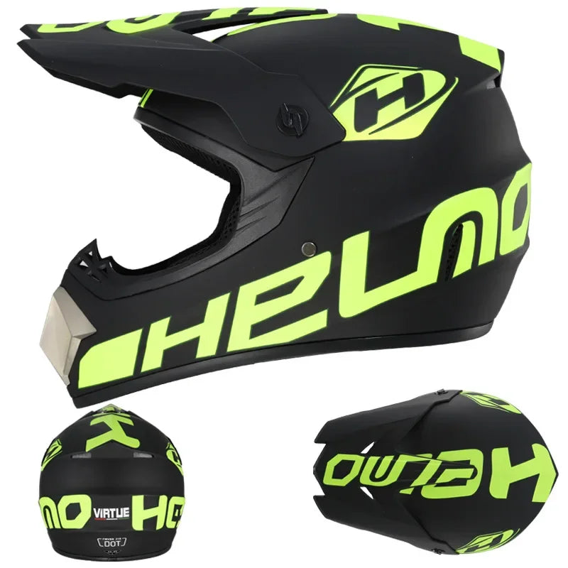 Black and neon yellow kids motorcycle off-road safety helmet shown from the side and top view.