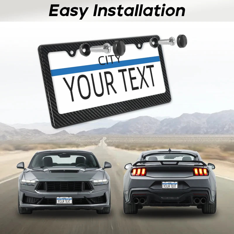 A black carbon fiber license plate frame cover with a blue accent and text, shown above a car.