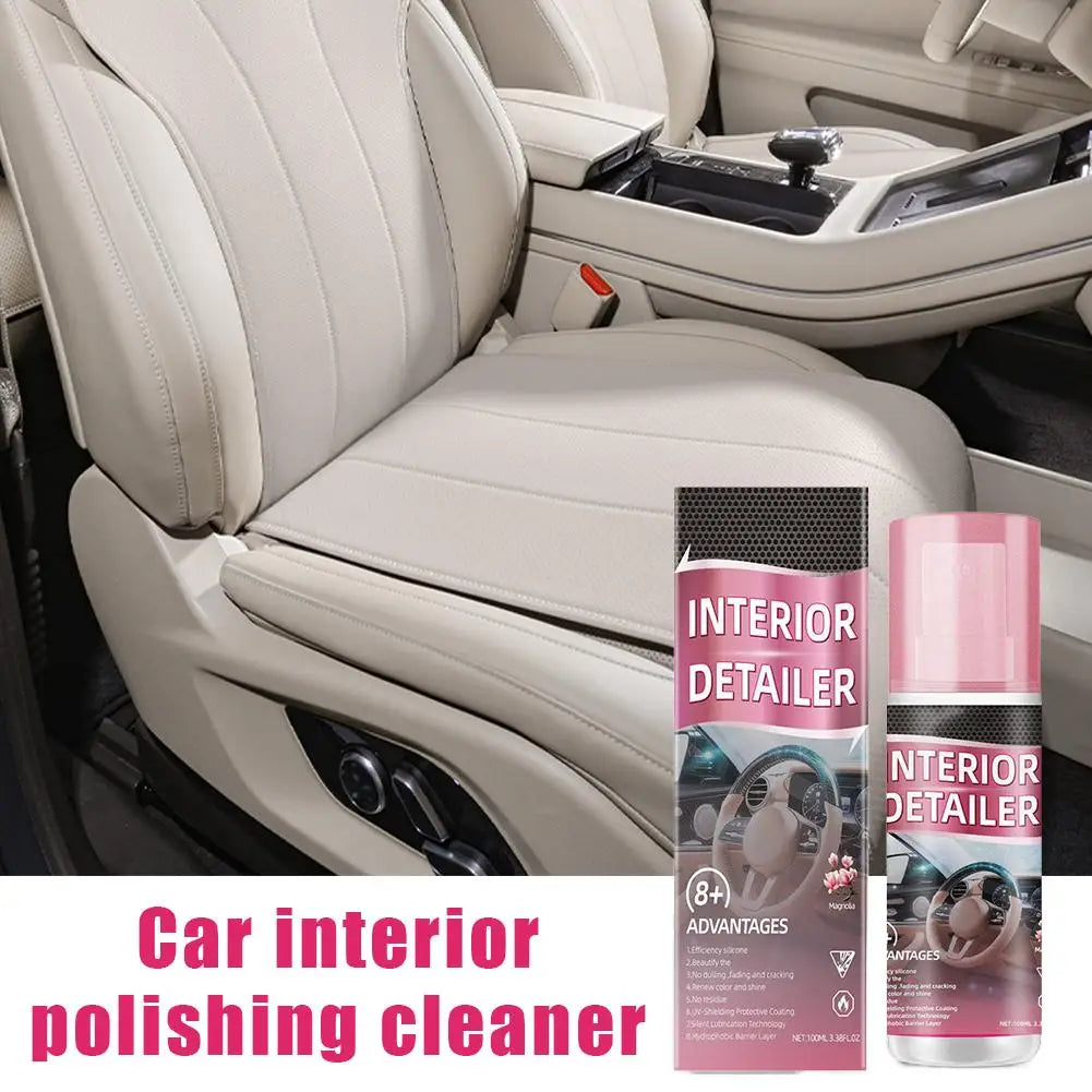 Spray bottle of interior detailing cleaner for car interiors shown next to a leather seat.