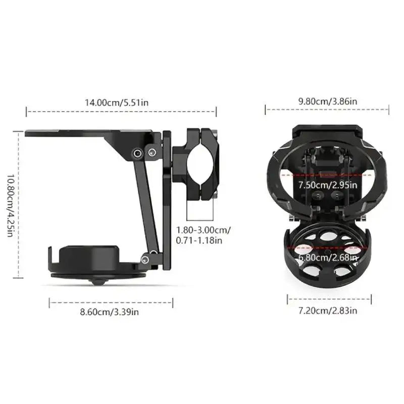 Black foldable motorcycle cup holder bracket with various dimensions shown.
