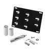 Black no-drill front tow hook license plate mount for BMW with mounting hardware