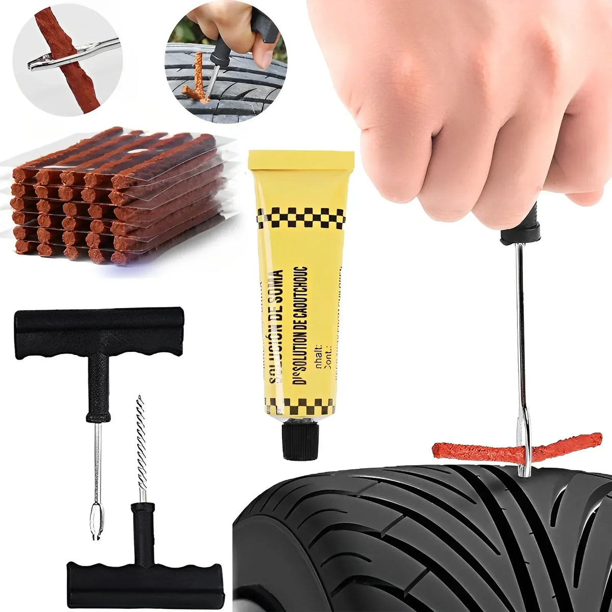 A hand is applying a yellow solution to a natural rubber tire using a specialized tool and repair strips.
