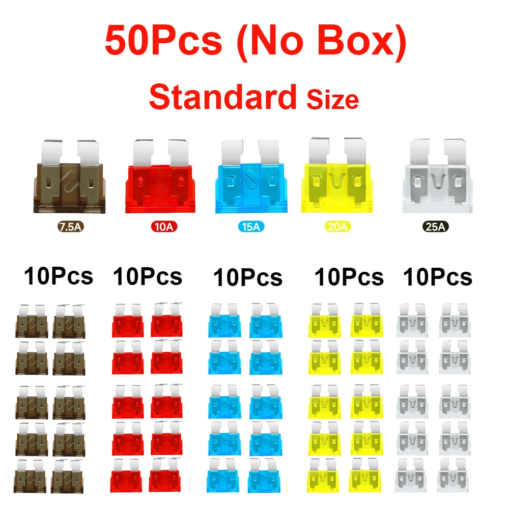 Assortment kit of blade fuses in various sizes including 7.5A, 10A, 15A, 20A, and 25A