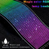 Close-up of a flexible LED pixel panel light with magic color RGB lamp beads showing purple and blue light.