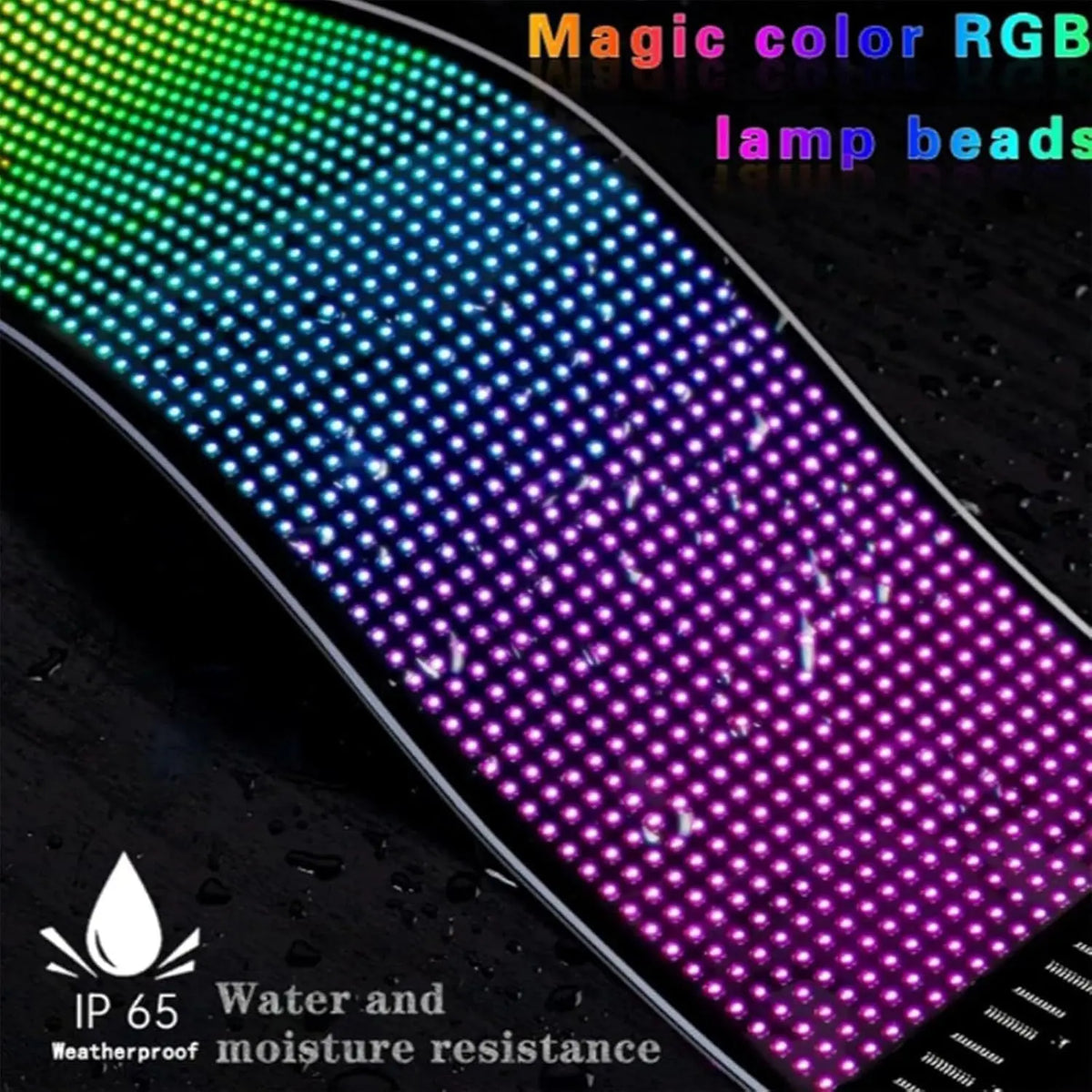 Close-up of a flexible LED pixel panel light with magic color RGB lamp beads showing purple and blue light.
