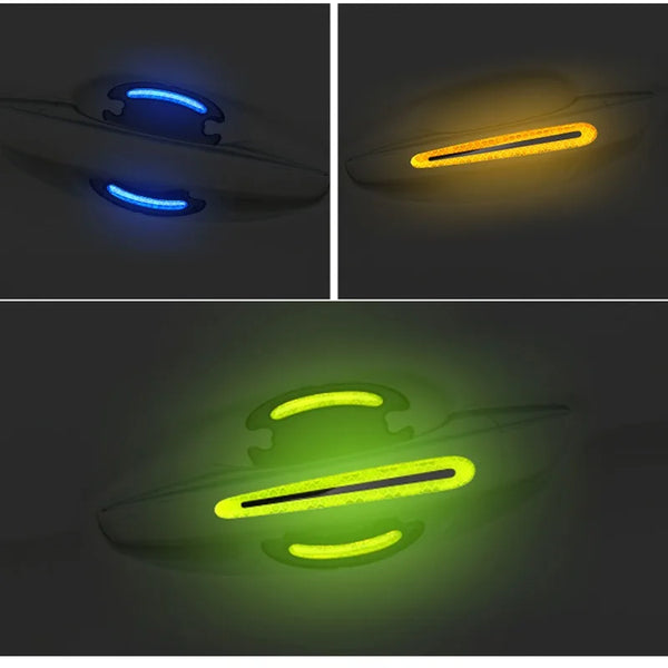 Three views of carbon fiber reflective car door handle protectors showing blue, yellow, and green light emission.