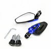 A set of universal motorcycle rearview mirrors with black and blue components.