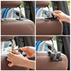 Close-up shots show hands installing universal car seat headrest hooks onto a brown car seat.