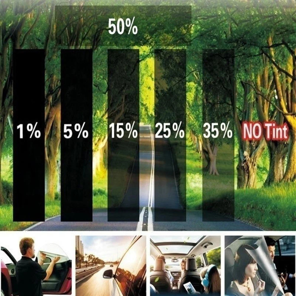 A visual representation of car window tint film percentages and various automotive applications.