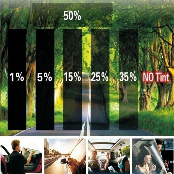 A visual representation of car window tint film percentages and various automotive applications.
