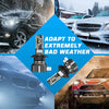 A composite image showing a high-performance H11 LED car headlight bulb and various vehicles driving in snowy or adverse weat