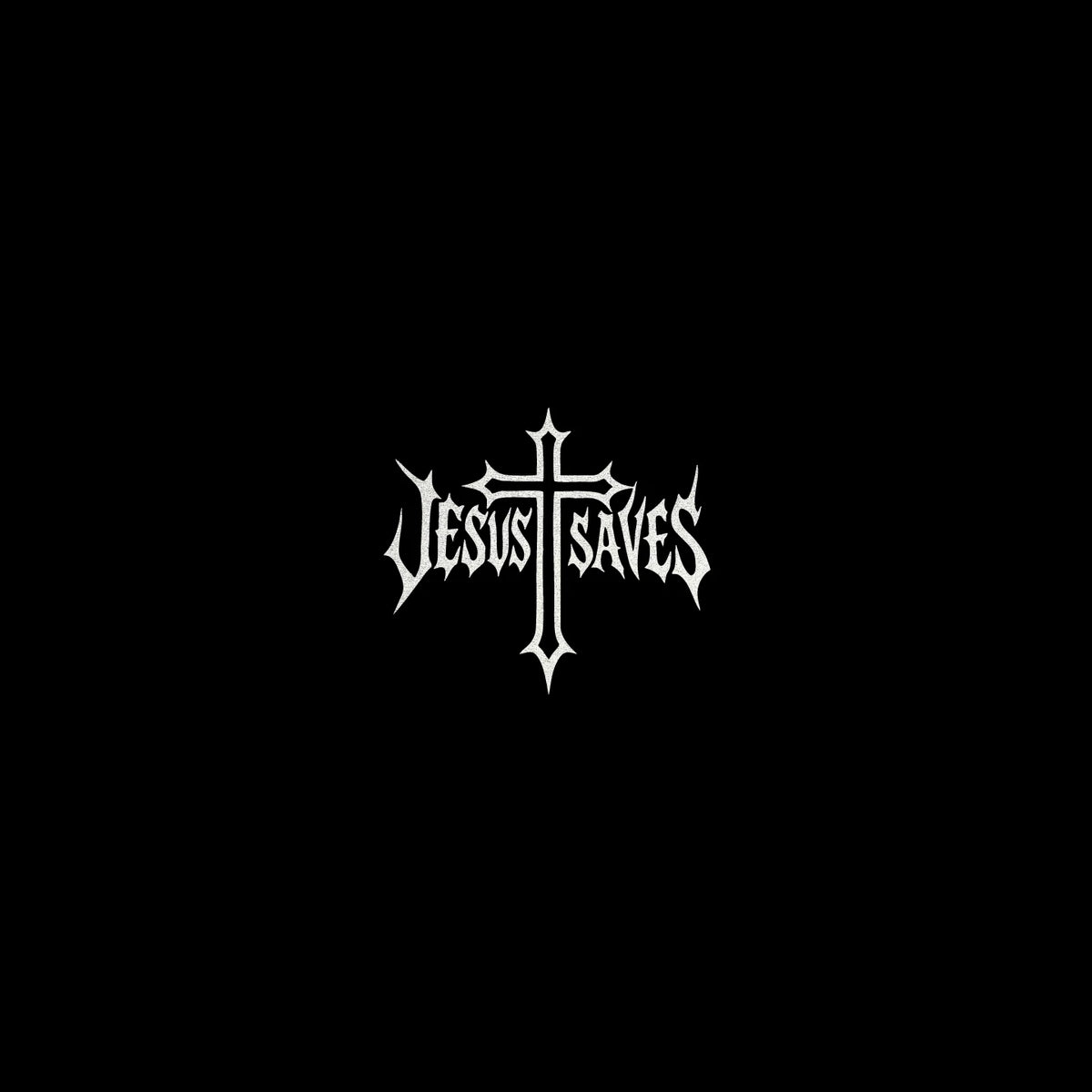 Weißes gotisches Kreuzdesign mit der Aufschrift JESUS SAVES in stilisiertem Font auf schwarzem Hintergrund.