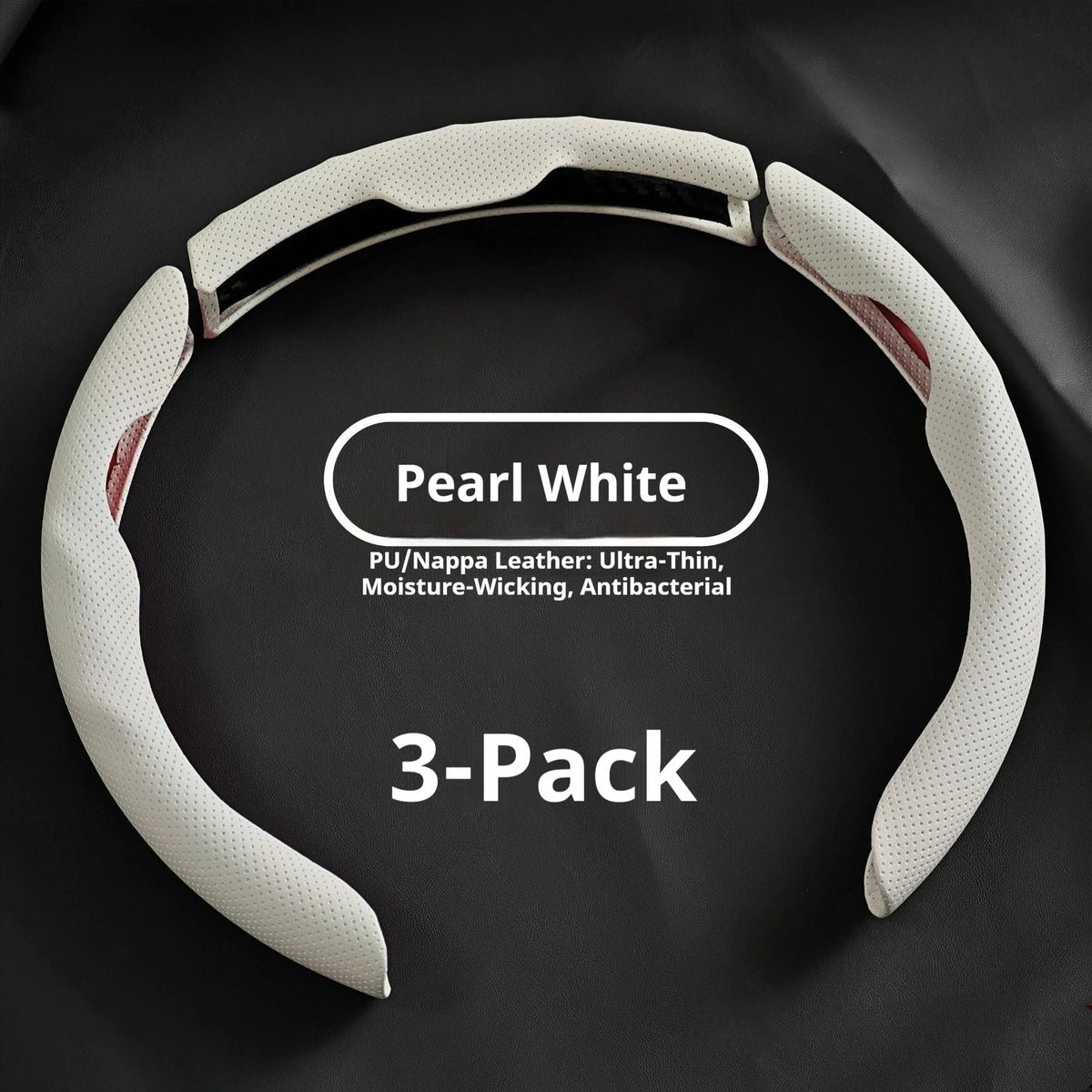 A 3-pack of Pearl White PU/Nappa Leather ultra-thin, moisture-wicking, antibacterial steering wheel cover.