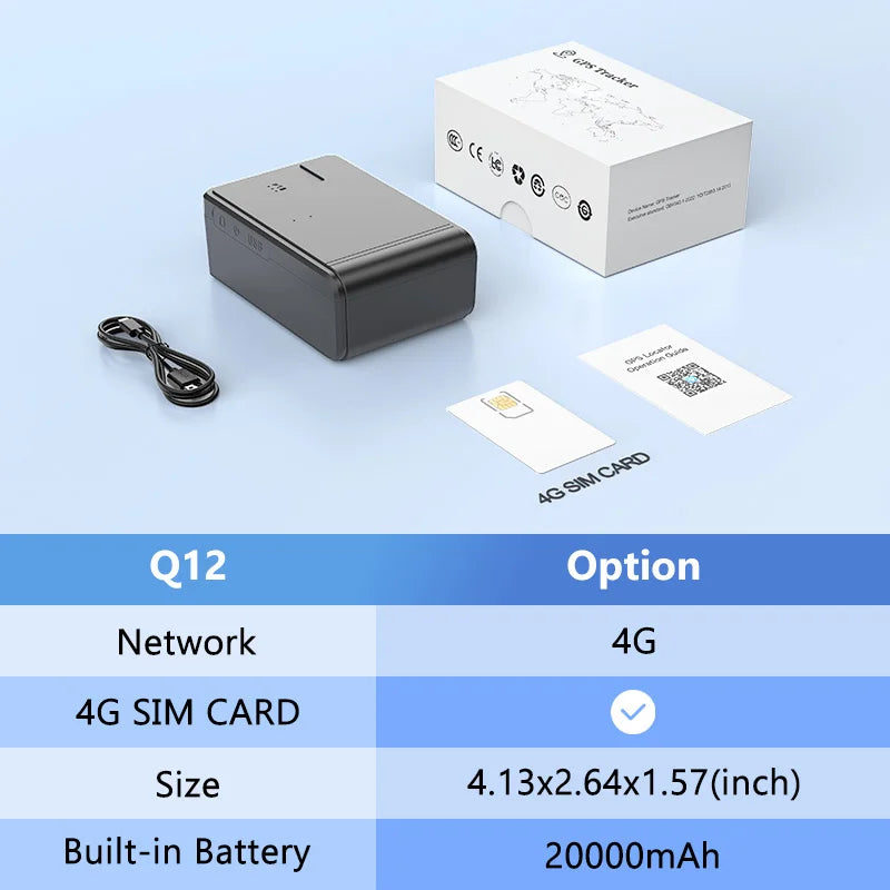 Un traceur GPS pour voiture noir 4G, une carte SIM et une boîte sont présentés sur une surface bleu clair.