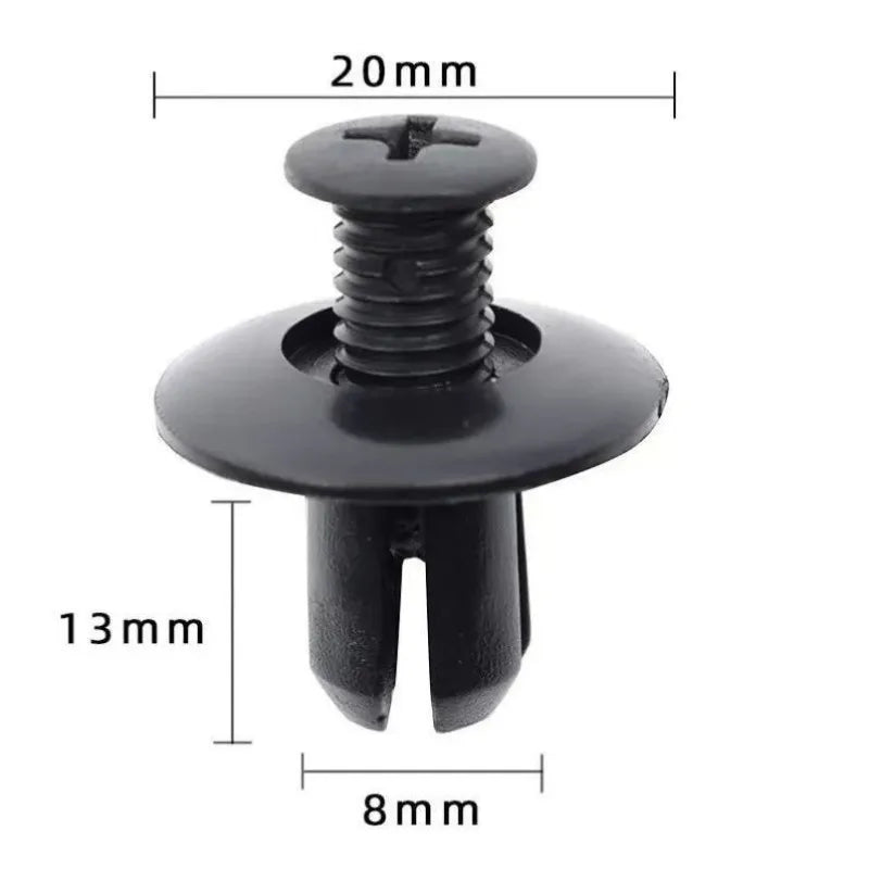 A black plastic rivet or push pin used as a universal car bumper fastener.