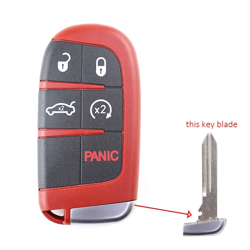 A red key blade is shown next to a car key fob shell replacement housing for Jeep, Dodge, and Chrysler models.