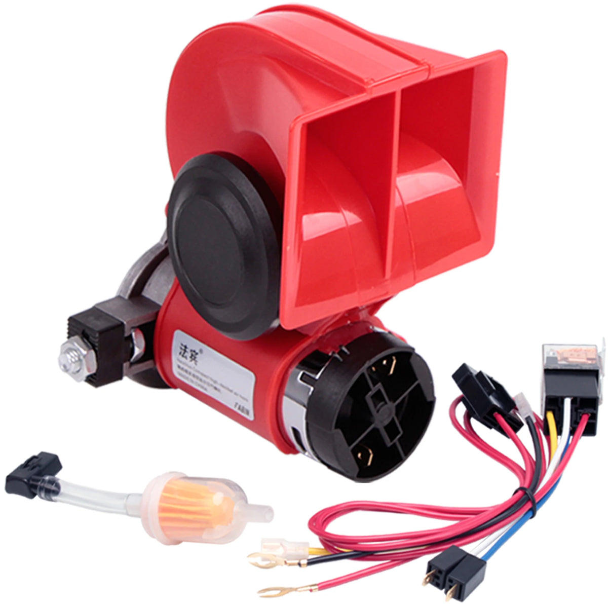 A red dual tone car horn with a mounting bracket and wiring harness.
