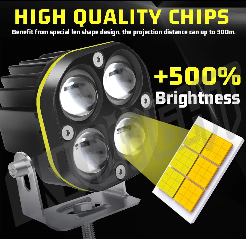 Nahaufnahme einer hochwertigen LED-Arbeitsleuchte mit mehreren Linsen und einem hellen gelben Lichtstrahl.