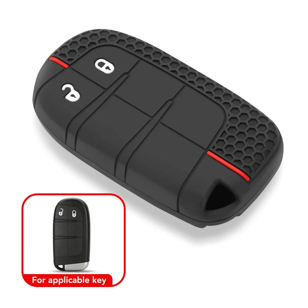 Black silicone key cover for vehicles, shown with an example of the fit.