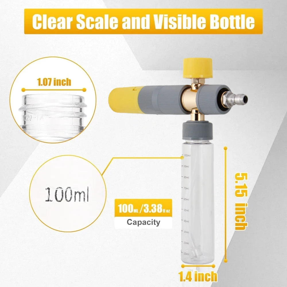 A clear glass bottle with a yellow and gray foam lance is shown, demonstrating a 100ml capacity and 5.15 inch height.