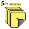 A set of five yellow microfiber car cleaning towels, measuring 30x30cm.