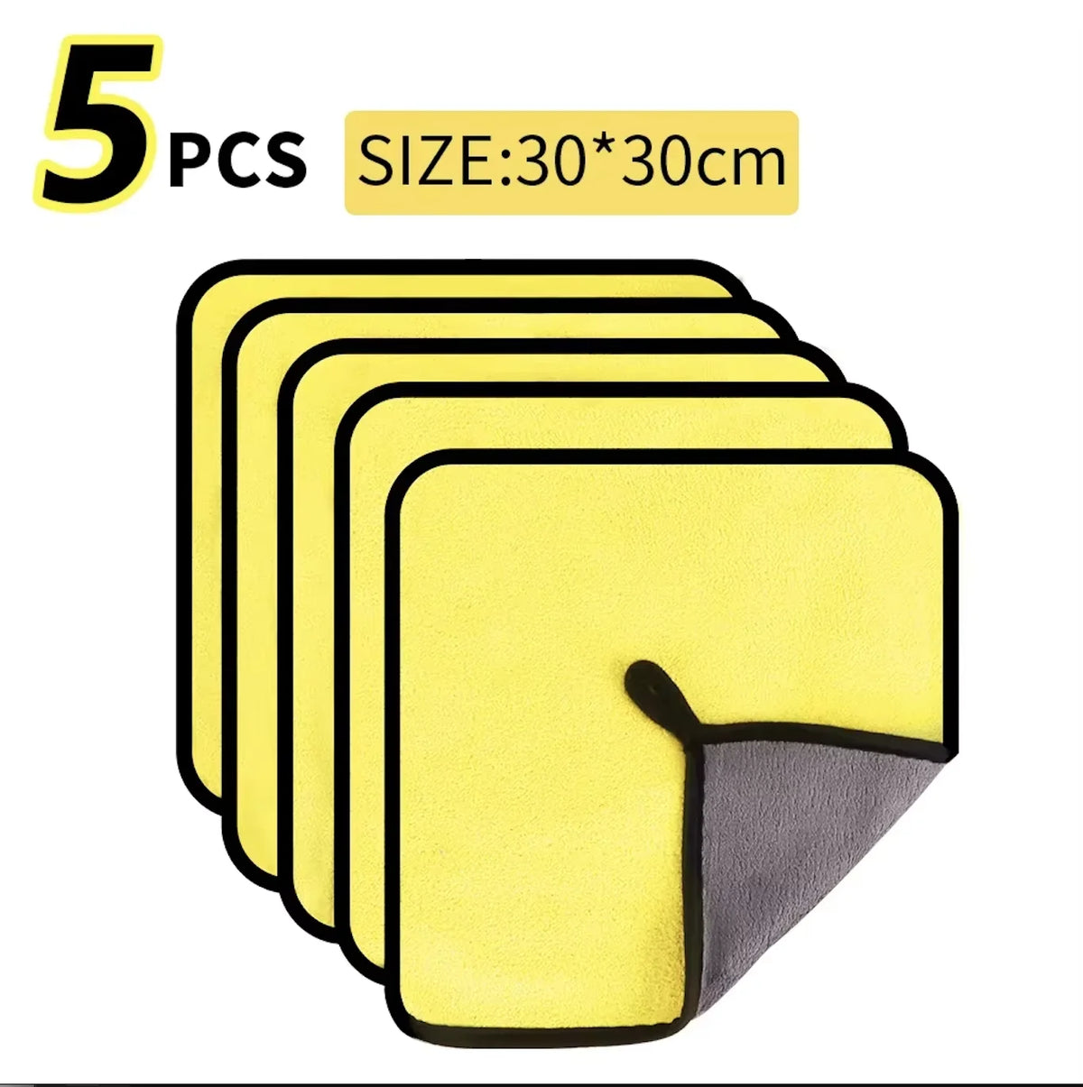 A set of five yellow microfiber car cleaning towels, measuring 30x30cm.