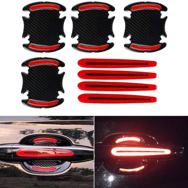 Eight reflective black and red stickers designed to protect car door handles.
