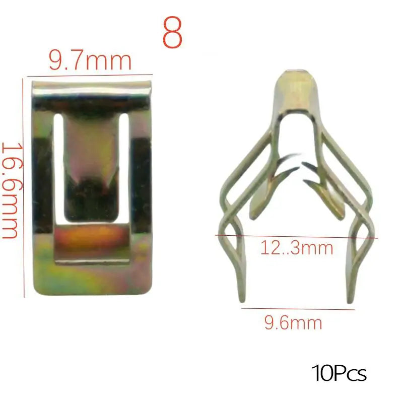 Eight universal auto dashboard retainer clips shown with dimensions 9.7mm and 16.6mm.