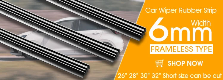 Car wiper rubber strip in a frameless type, 6mm wide, shown with a car in the background.