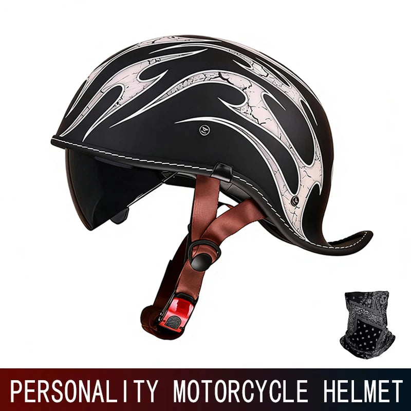 Retro Motorrad-Halbhelm in schwarz-weißem Grafikdesign von der Seite