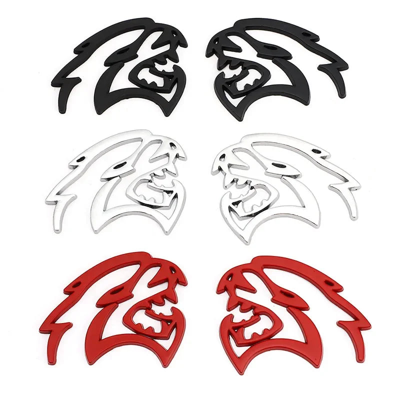 A set of custom car body side emblems for Dodge Charger or Challenger in black and silver finishes.
