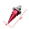 A close-up view of a red hexagonal license plate screw with a silver threaded bolt, showing its dimensions.