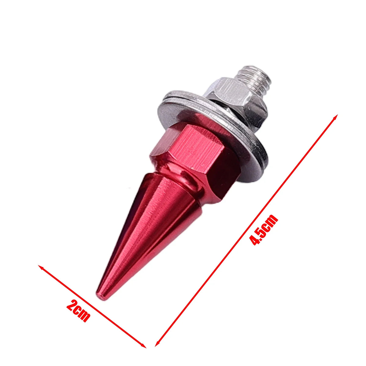 A close-up view of a red hexagonal license plate screw with a silver threaded bolt, showing its dimensions.