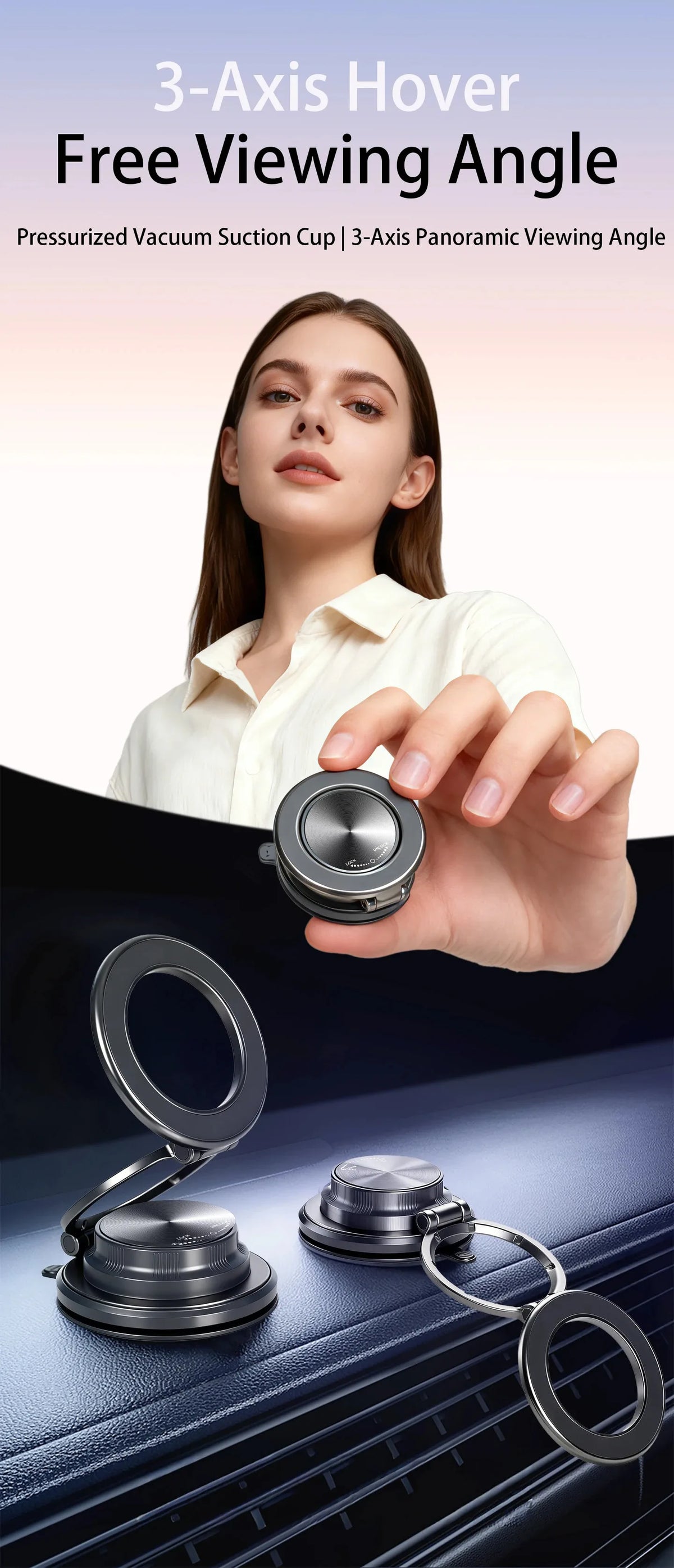 Une main tient un support à ventouse pour téléphone de voiture, monté en angle de vision 3 axes, montrant le produit et son i